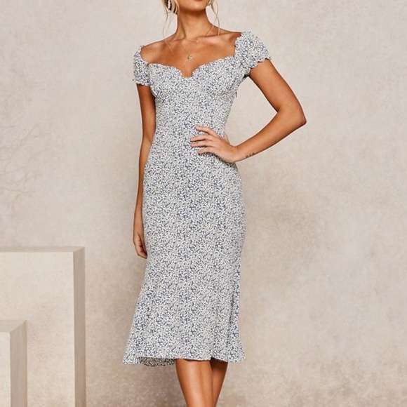 Mura Boutique Dresses & Skirts - Puff Sleeves Floral Print Midi Dress